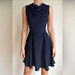LOLA AND SOFIE Navy Draped Cowl Neck Fit & Flare Dress – Size Small